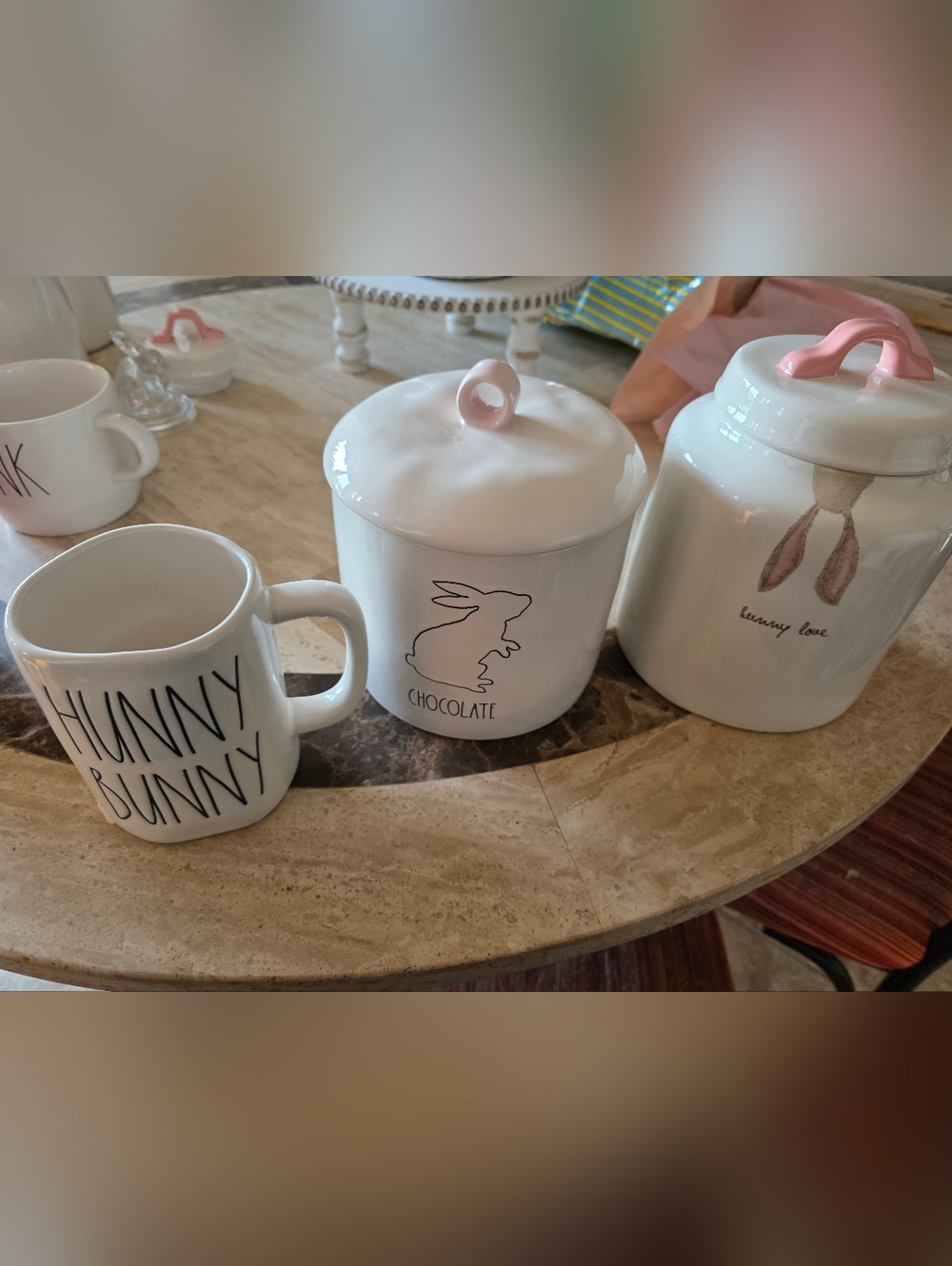 Rae Dunn White Ceramic Bunny Canisters with Pink Accents
